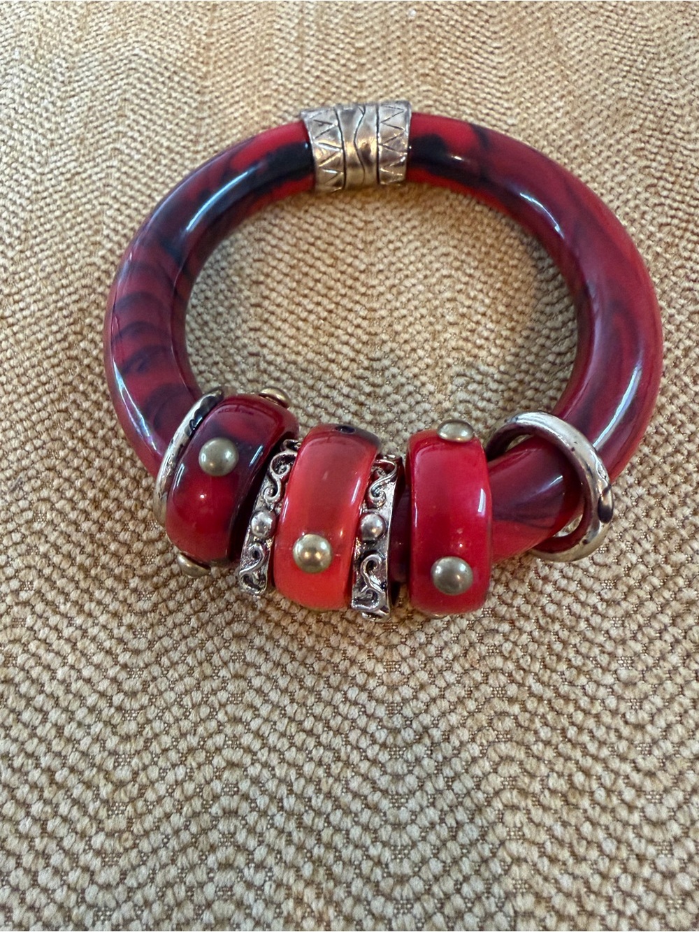 Vintage Red Resin Bangle Bracelet with Decorative Silver Accents